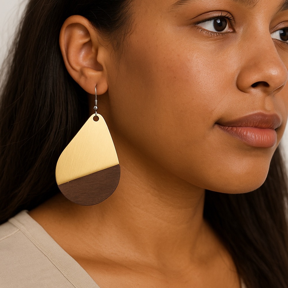 Elegant Gold and Wood Brown Teardrop Earrings